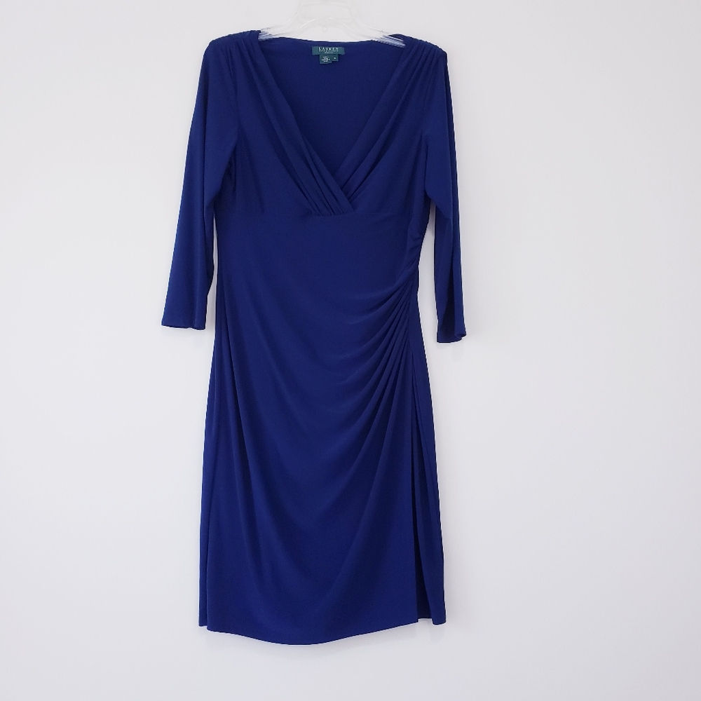 Ralph Lauren Navy Blue Faux Wrap Jersey Long Sleeve Dress Stretchy Size 14 - Picture 8 of 13